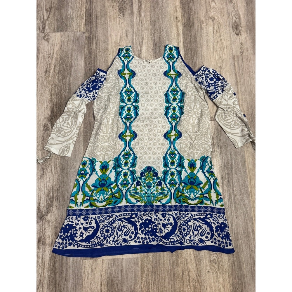 SANA SAFINAZ Women's Medium Cold Shoulder Print Dress Blue‎ Green White